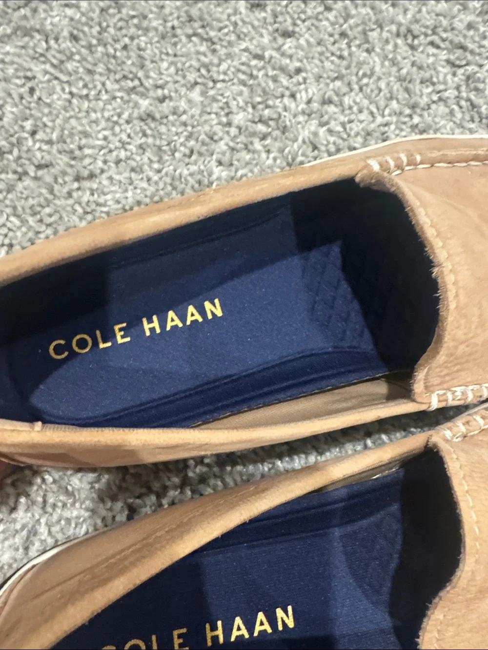 Cole Haan Tan Suede Slip-On Loafers with Navy Insoles